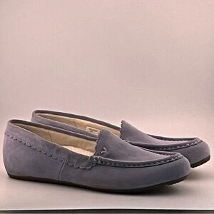 Vionic McKenzie Suede Flats Light Blue Faux Fur Shoes Slippers Womens 9